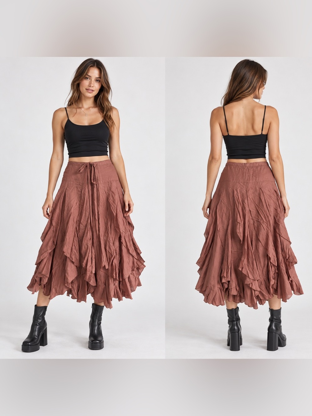 Fiorucci Dusty Rose Tiered Ruffle Midi Skirt with Tie Waist Size M 100% Cotton